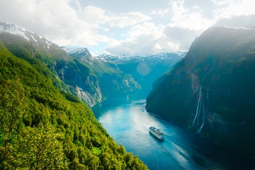 Breathtaking view of Sunnylvsfjorden fjord and famous Seven Sisters waterfalls, near Geiranger...