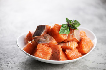Pieces of salmon fillet fish in white plate closeup. Food photography