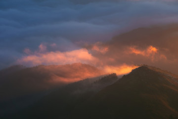 morning fog in the far mountains at sunrise
