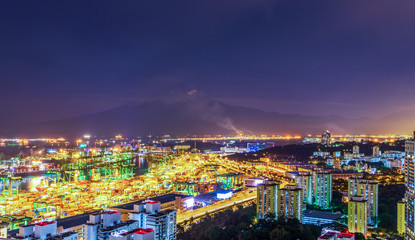 Fototapeta na wymiar night cityscape view with logistic pier and mountain fuji background