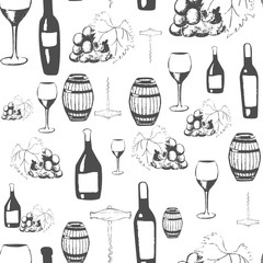 Collection of hand-drawn wines. Seamless pattern with wine bottles, glasses, wine barrel, corkscrew and grapes. Vector illustration. 