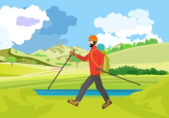 Traveler Man Hiking In Countryside Landscape With Backpack Over Nature Landscape Flat Vector Illustration