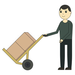 Delivery man with Carriage trolley icon. Cartoon character