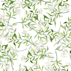 Fototapeta na wymiar Seamless pattern with white flowers and green leaves on white background. Hand drawn watercolor illustration. 