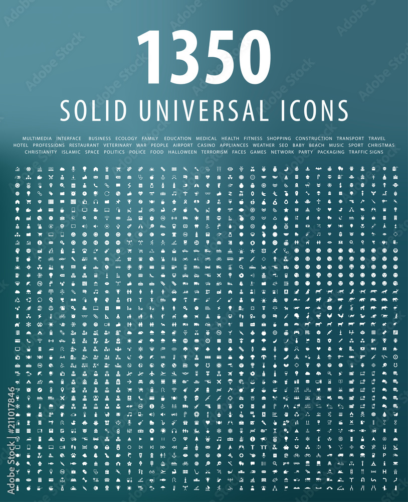 Poster set of 1350 minimalistic solid white icons on blue background . isolated vector elements