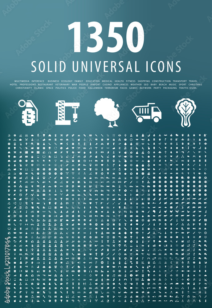 Poster set of 1350 minimalistic solid white icons on blue background . isolated vector elements