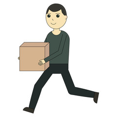 The deliverer runs with the box. Cartoon character and delivery service