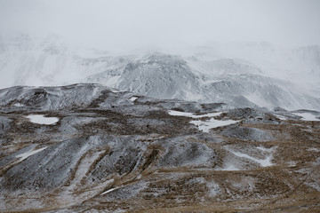 Layers of mountain texure and snow in winter