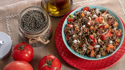 fresh lentil salad with tomatoes and onions