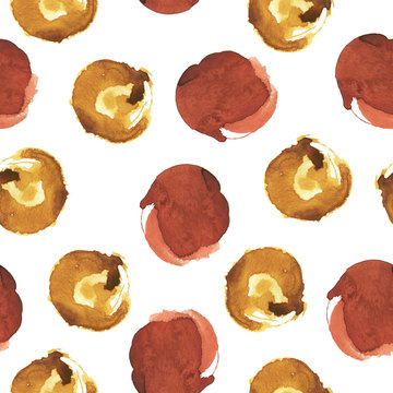 Seamless pattern with brown stains on white background. Hand drawn watercolor illustration.