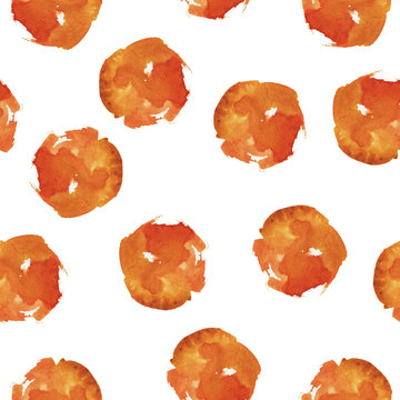 Seamless pattern with orange stains on white background. Hand drawn watercolor illustration.