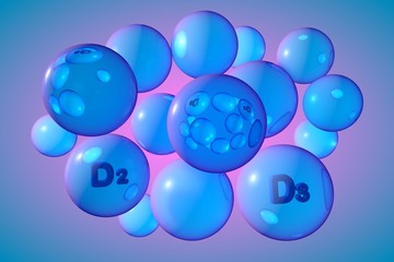 Transparent blue vitamin D2, D3 pills. Ergocalciferol and cholecalciferol capsules. Vitamin and mineral complex. 3d illustration