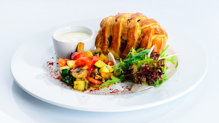 Tasty beef Wellington with pastry crust, appetizing steak dish o