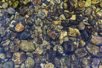 round stones at the bottom of the river under a crystal clear water
