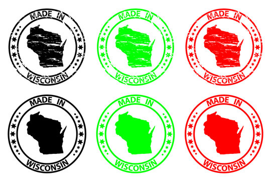 Made in Wisconsin - rubber stamp - vector, Wisconsin (United States of America) map pattern - black, green  and red