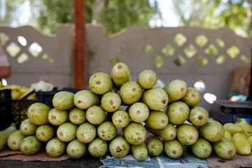 Zucchini. Fresh organic vegetables on sale at the local farmers summer market outdoors. Healthy organic food concept.