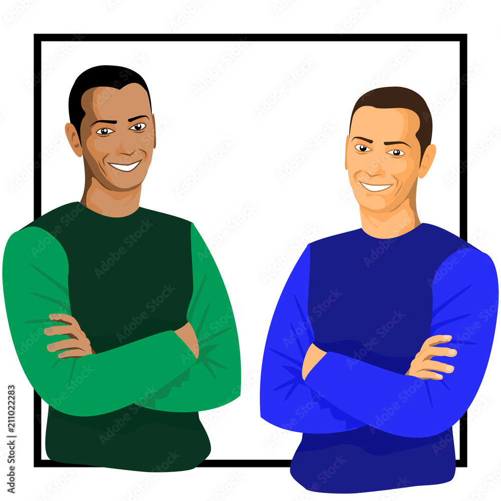 Wall mural portrait of two young smiling guy with crossed arms of different races. guys in colorful t-shirts wi