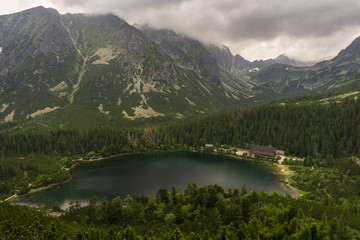 Naklejka na ściany i meble Slovakia. High Tatras. Popradske Pleso mountain lake and surrounding peaks.