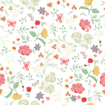 Summer background with roses, yellow dandelions and butterflies. Cute Floral pattern in the small flower. Motifs scattered random. Seamless vector texture. Elegant template for fashion prints.
