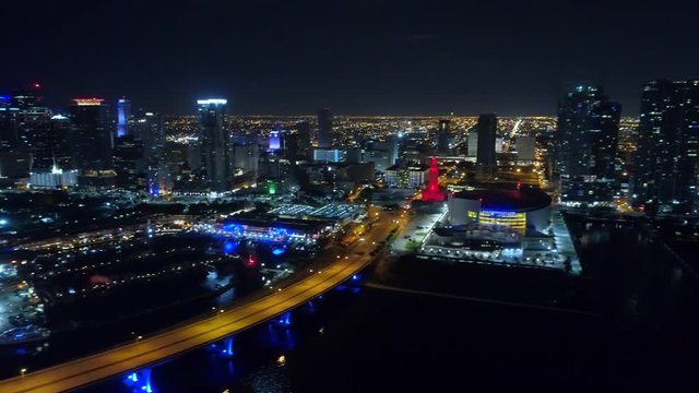 Aerial Downtown Miami and port at night