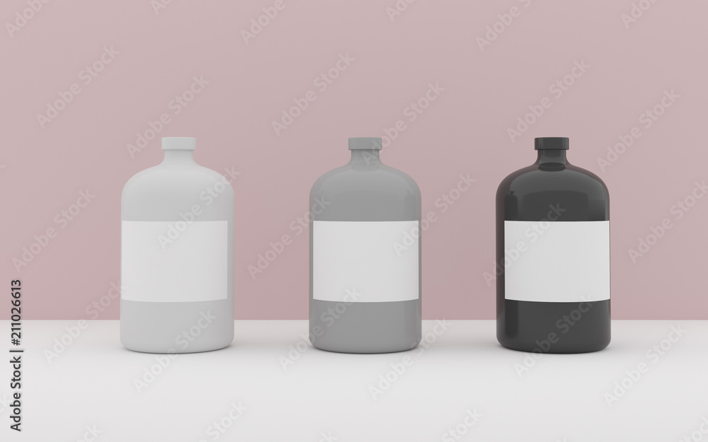 Aufkleber Mock-up of three colored bottles with blank space of label on minimal background, 3D rendering