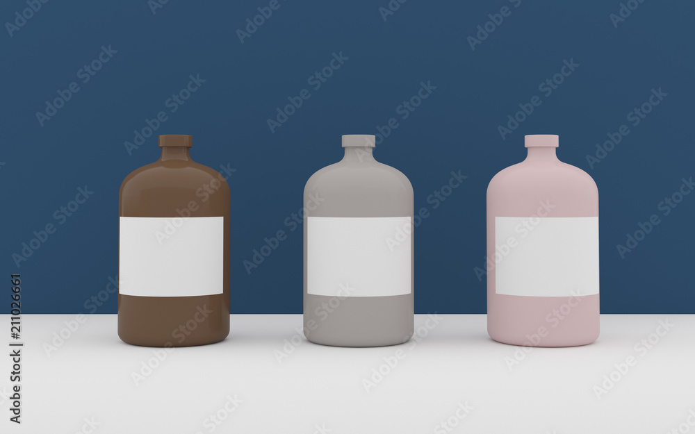 Aufkleber Mock-up of three colored bottles with blank space of label on minimal background, 3D rendering