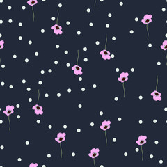 Flower seamless pattern. Field herbs daisy textile print decoration dark blue background fashion traditional. Cute Floral pattern in the small flower. Motifs scattered random. 