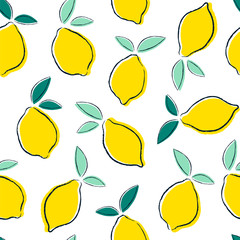 Stylish lemons with leaves. Seamless vector pattern.