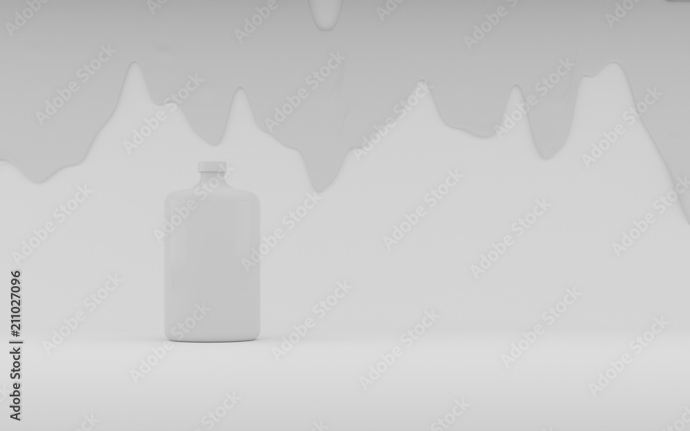 Poster mock-up of colored milk bottle with melt liquid on minimal background, 3d rendering