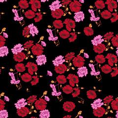 Fototapeta na wymiar Flowers. Poppy, wild roses on black. Seamless background pattern. Hand drawn. Cute Floral pattern in the small flower. Motifs scattered random. Elegant template for fashion prints.