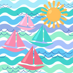 Sea boats, sun and waves. Seamless vector summer pattern.