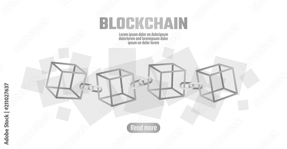 Poster blockchain cube chain symbol on square code big data flow information. gray white neutral presentati