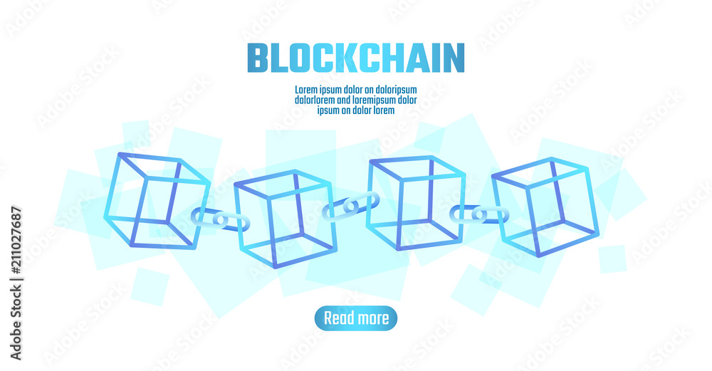 Poster blockchain cube chain symbol on square code big data flow information. blue neon glowing planet eart