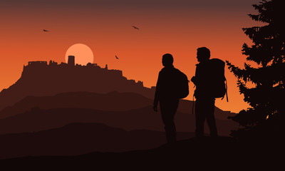 Fototapeta premium Castle on a hill with two tourists in the foreground, under a night orange sky and flying birds - vector, Spis Castle