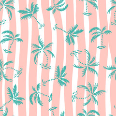 Seamless vector floral pattern background with palm trees, abstract stripped geometric texture