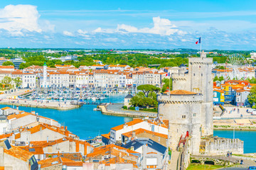 Aerial view of tour de la chaine and tour Saint Nicholas at La Rochelle, France