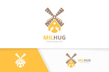 Vector mill and hands logo combination. Farm and embrace symbol or icon. Unique windmill and friendship logotype design template.