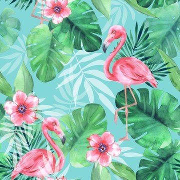 Seamless tropical pattern with pink flamingos. Watercolor illustration 3 © Gribanessa