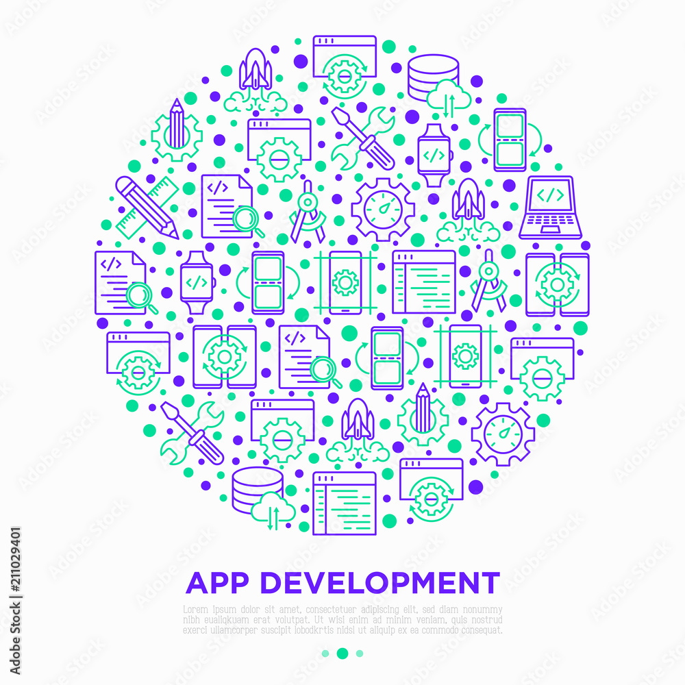 Aufkleber app development concept in circle with thin line icons: writing code, multitasking, smart watch app,