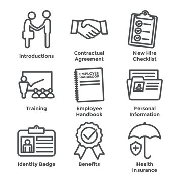 New Employee Hiring Process icon set   w checklist, handshake, training, etc
