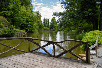 Beautiful summer landscape with green trees, sky reflecting in the water, wooden fence; a detail from the arboretum Volcji potok near Kamnik in Slovenia