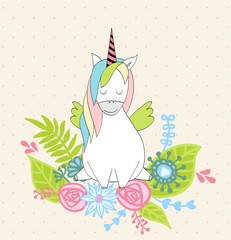 Magic cute unicorn. Vector hand drawn greeting card.