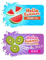 hello summer website banner with watermelon and kiwi