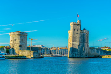 Port of La rochelle guarded by tour de la chaine and tour Saint Nicholas, France