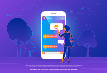 Chat talk concept vector illustration of young woman standing near big mobile smartphone and sending messages to friends. Modern gradient line design of people texting message in chat messenger app