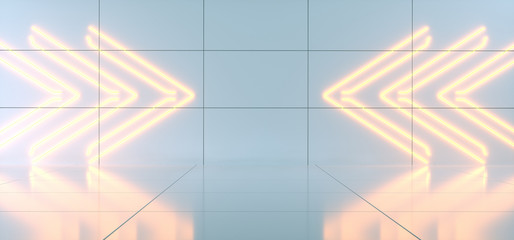 Futuristic Sci-Fi Empty Lighted Bright Room With Orange Neon Light Pointing Arrows In The Middle. 3D Rendering