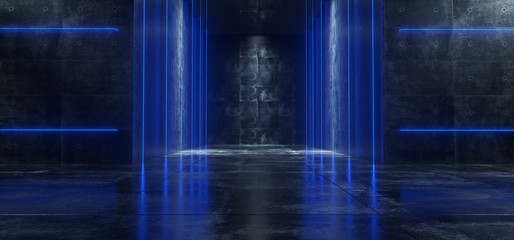 Futuristic Sci-Fi Empty Lighted Dark Grunge Concrete Room With Long Bright Glowing Neon Lights  3D Rendering