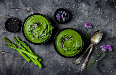 Homemade green spring asparagus cream soup decorated with black sesame seeds and edible chives flowers - obrazy, fototapety, plakaty