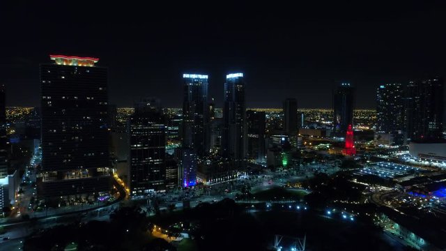 Aerial night footage Downtown Miami drone clip