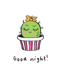 Card with cute baby cactus. Vector illustration.